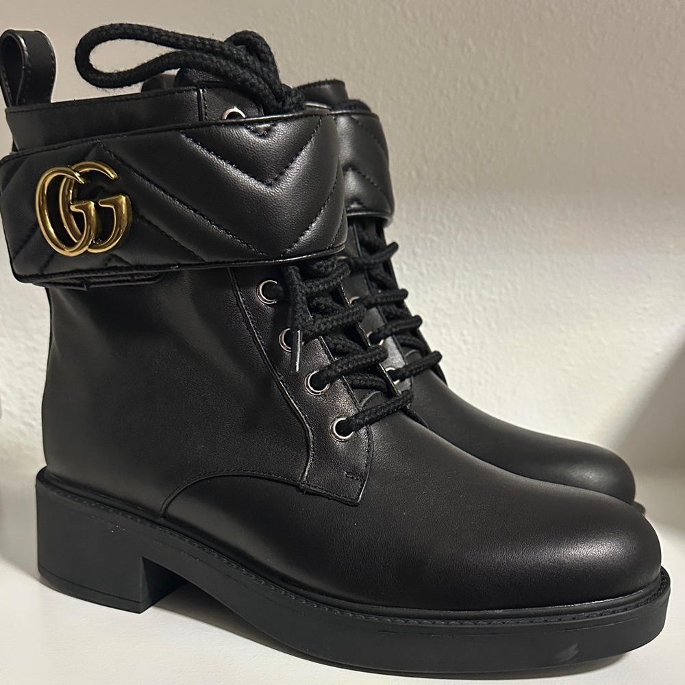 Gucci Black Lace Up Boots with Gold Accent
